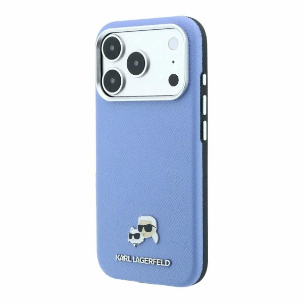 Karl Lagerfeld Grained Karl & Choupette Heads Metal Logo Case with MagSafe for iPhone 17/18 Pro Max 6.9" Light Blue - KLHMP18X6PSKCHLB