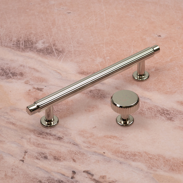 Handle & Home Bright Nickel Reeded Cabinet T-Bar Handle and Coordinating Disc Knob