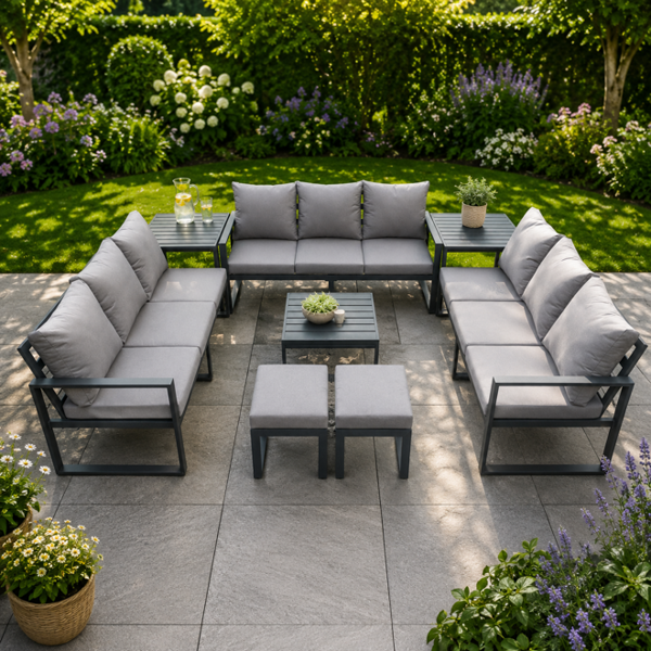 Fimous Aluminium 11 Seater Outdoor Garden Furniture Set Patio Lounge Sofa with Square Coffee Table 2 Side Tables 2 Small Footstools Dark Grey