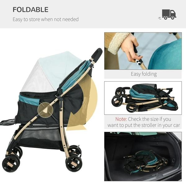 Foldable pet stroller with teal canopy and rain cover, shown folded for storage