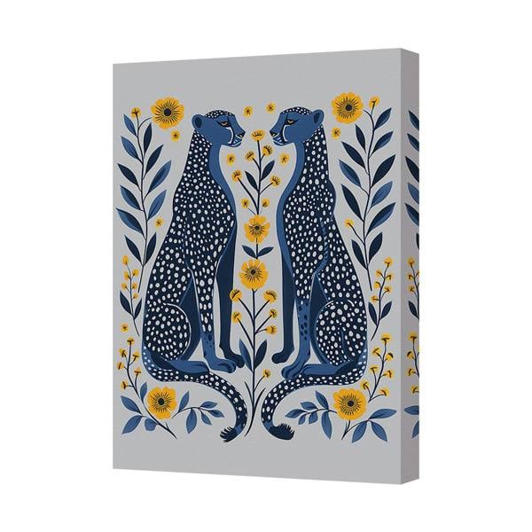 Benjamin Tate Design Contemporary Blue Leopard Canvas Art Print With Yellow Flowers