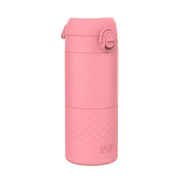 A pink ION8 water bottle sits on a white background. The bottle has a textured base and a hinged lid.