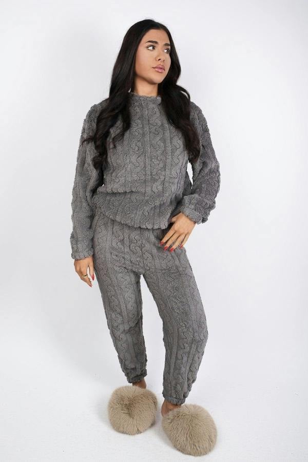 Arlina Textured Fleece Top And Jogger Co-ord Set - Grey