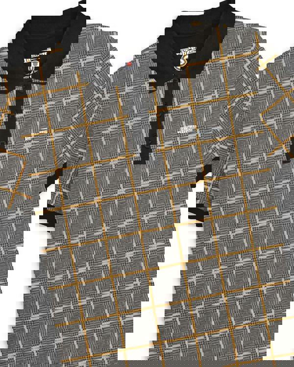 Lambretta Mens Prince of Wales Check Mod Ska Casual Polo, close-up image of a men's polo shirt with a classic check pattern in grey, black, and yellow, featuring a black collar and placket with black buttons, and Lambretta logo embroidered on the chest.