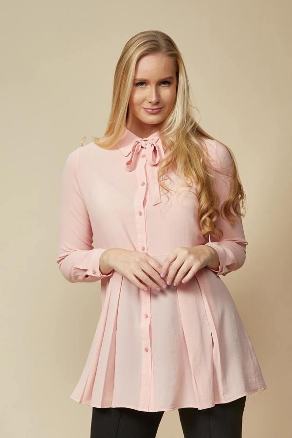Hoxton Gal Oversized Long Sleeve Relaxed Pleated Fit Shirt with Tie Detail in Pink