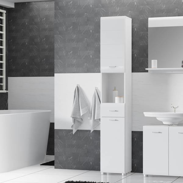 Furniture To Go Ice Cave Narrow Bathroom Storage Cabinet with 2 Doors & 1 Drawer with Silver Handles in White with White High Gloss Fronts