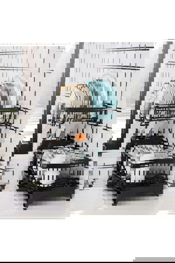 Living and Home 2-Tier Dish Drainer Rack with Kitchen Utensil and Glass Holder - Black