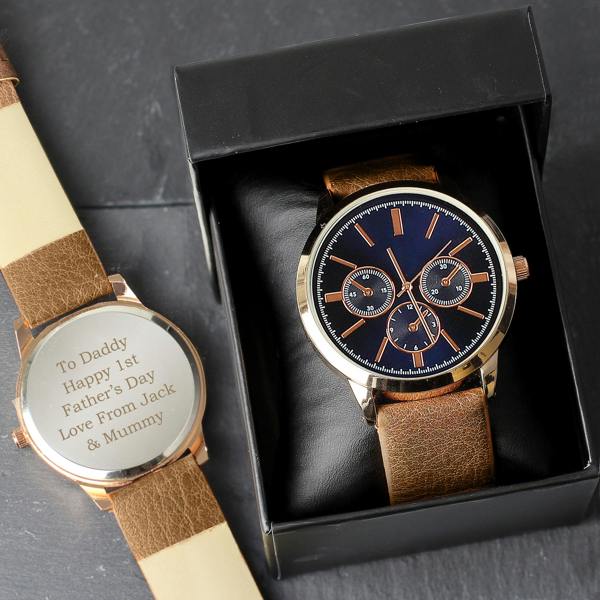 Personalised Men's Rose Gold Watch with Brown Strap and Presentation Box