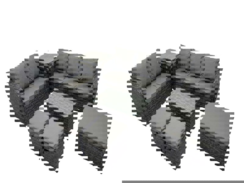 Fimous Outdoor Love Sofa 3 Seater Sofa Coffee Table Set Garden Rattan Furniture Set 8 Seater with Side Table 3 Stools Dark Grey