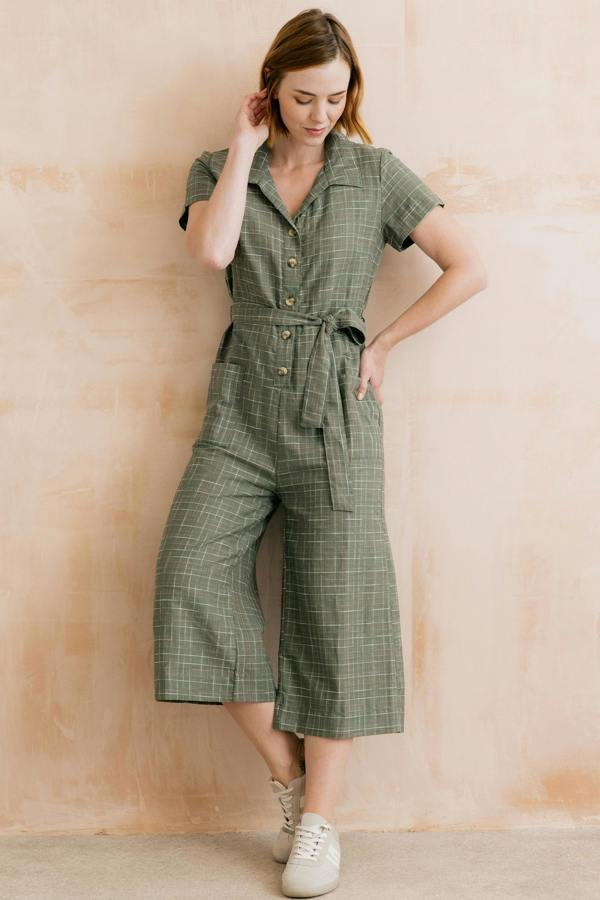 Lily & Me Josie Checked Organic Cotton Cropped Jumpsuit Green