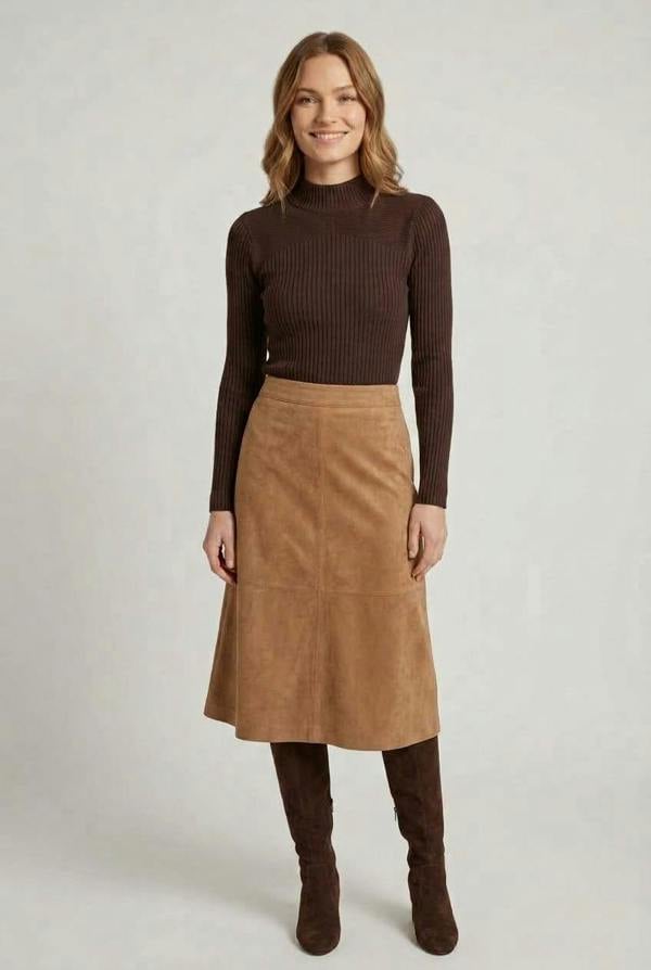 Brown | Striped Texture High Neck Slim Knit Top