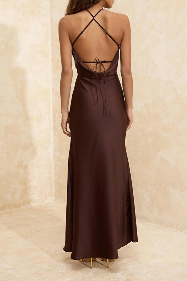 WOVCOR Woven Satin Maxi Evening Dress with Accessory Details