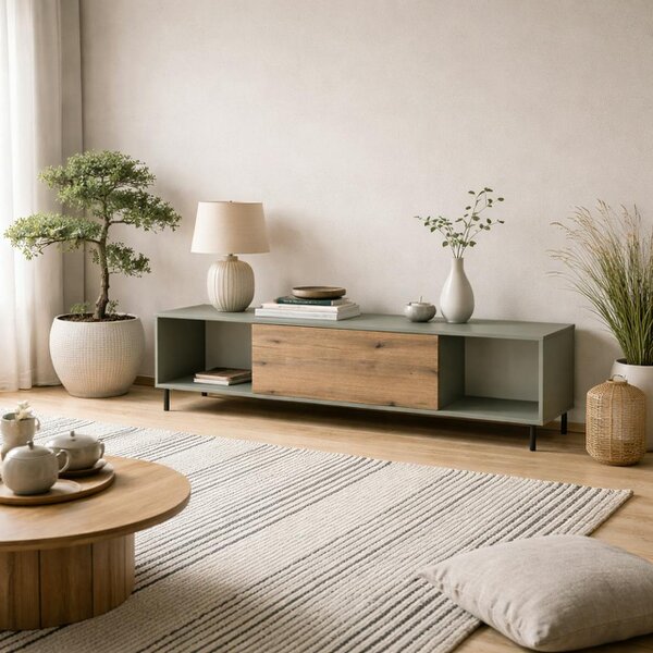 Wyld Haus Spentrup Green Olive and Natural Oak Wood TV Cabinet 1 Door