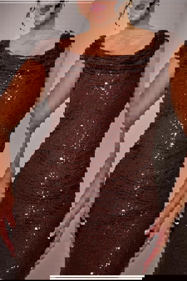 Cap Sleeve Iridescent Sequin Cowl Maxi Dress - Brown DR4633PLUS