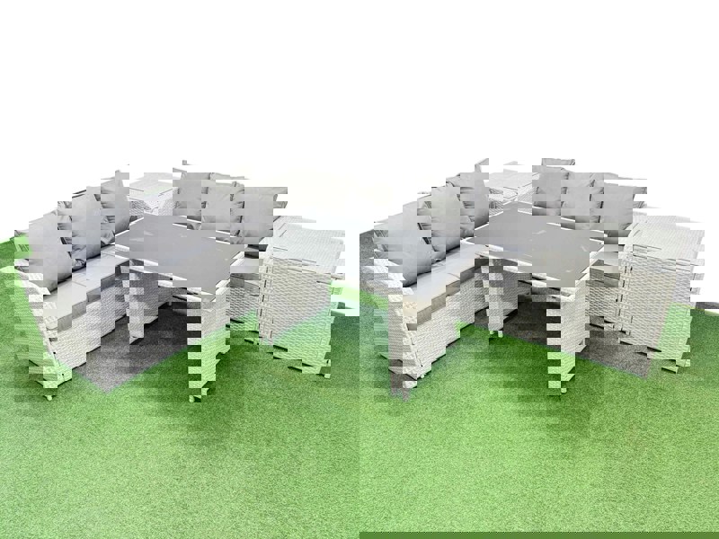 Fimous 6 Seater Rattan Outdoor Dining Table 3 Seater Sofa Set with 2 Side Tables Light Grey