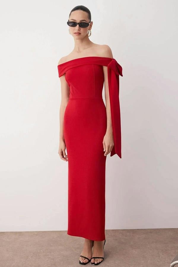 Hoxton Gal Elegant Fitted Knit Evening Dress with Shoulder Bow Detail