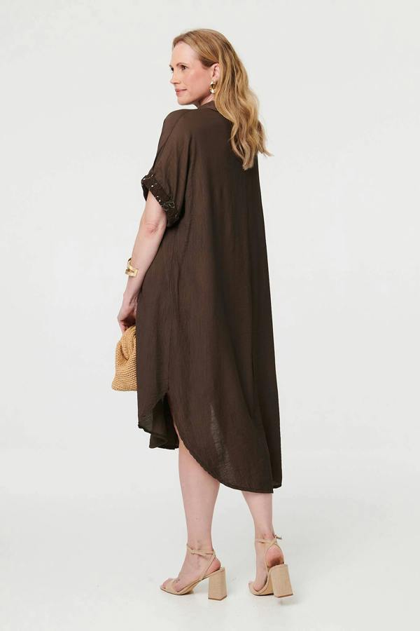 Brown | Sequin Trim V-Neck Relaxed Midi Dress