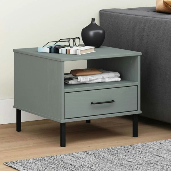 Berkfield Bedside Table with Metal Legs Grey Solid Wood Pine OSLO