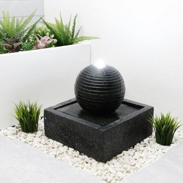 Gardenwize Solar Powered Black Granite-Finish Water Feature with LED Light & Battery Backup