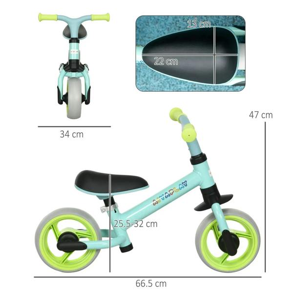 Lightweight kids balance bike, light green frame, black seat, lime EVA wheels