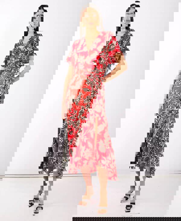 Red Floral Satin Wrap Midi