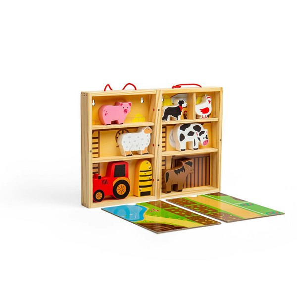 Bigjigs Toys Wooden Farm Play Box With 5 Farm Animals & 2 Fold-Out Play Mats