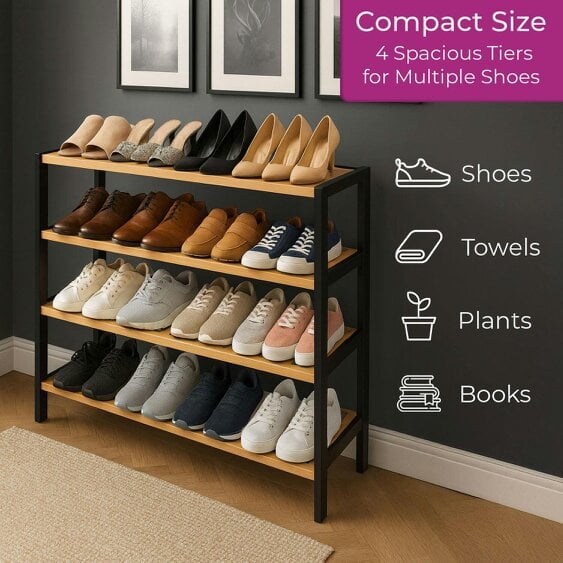 Neo Black Wood 4-Tier Bamboo Shoe Rack Wooden Shoe Storage Organiser Shelf for Hallway, Entrance Living Room