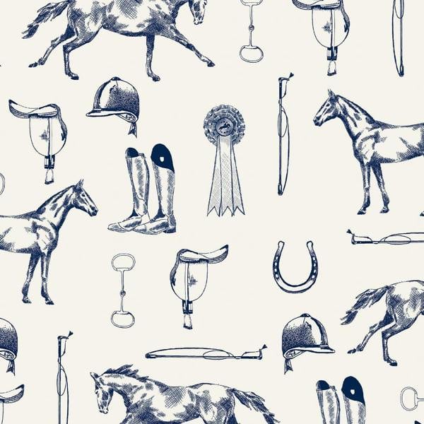 Joules Sketched Equestrian Print Wallpaper - Cream/Blue - 10m