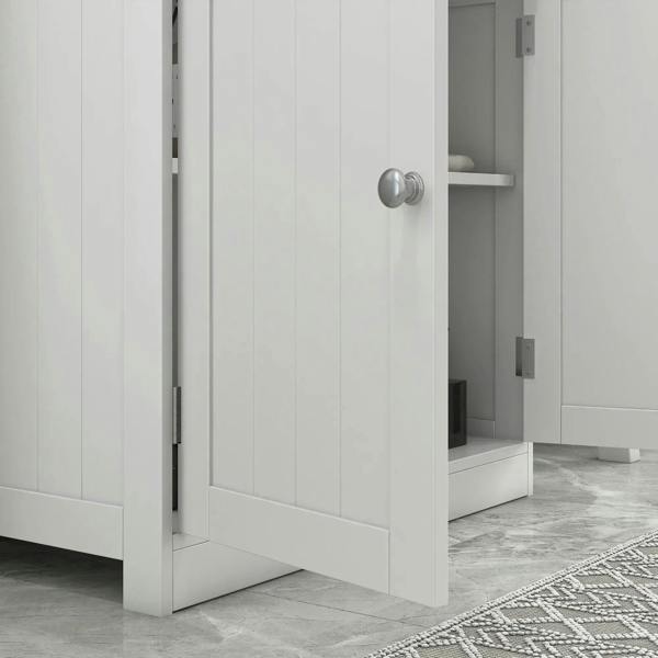 White double-door under-sink cabinet with metal pull handle and side shelf opening