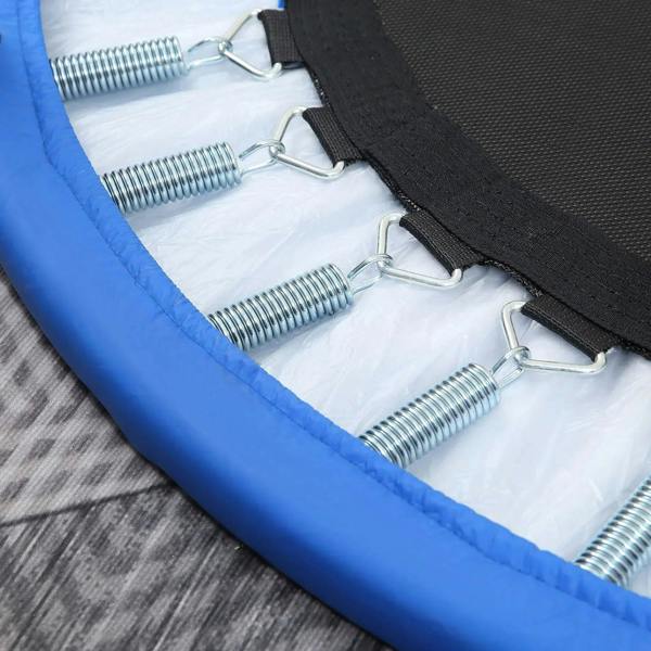 Blue trampoline with steel springs and black edge strap