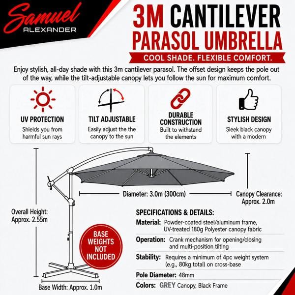 Samuel Alexander 3m Cantilever Parasol in Grey with Crank Handle - Patio Garden Banana Parasol with UV Protection Outdoor Umbrella Sun Shades - Garden