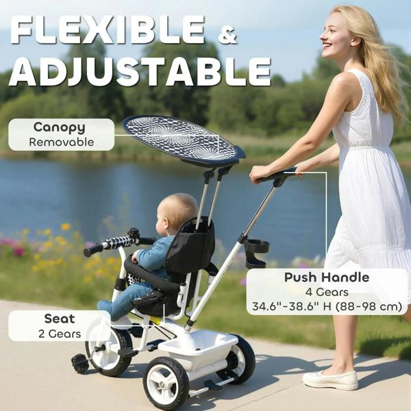 White kids tricycle with removable canopy, padded seat and adjustable push handle