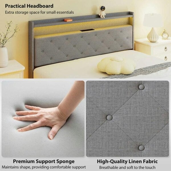 Floating Bed Frame, Upholstered 5ft King Size Bed, Platform Bed with RGB LED Lights and Charging Station, Grey