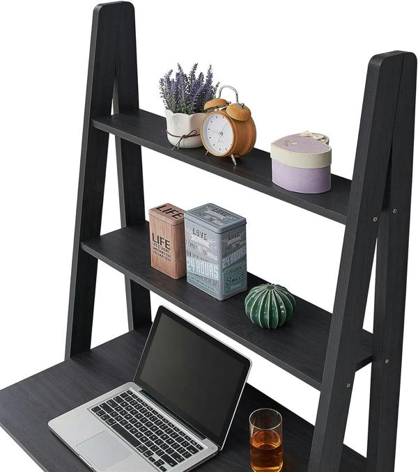Timber Art Design Riva Ladder Bookcase with 5 Tier Shelves & Overhanging Desk Shelf