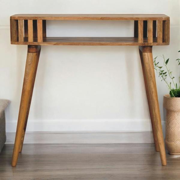 Artisan Furniture Solid Wood Slatted Oak-ish Console, 1 Shelf, Beige
