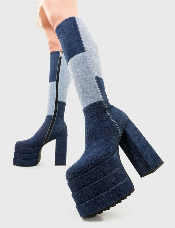 Lamoda Knee High Boots Talk Of The Town Round Toe Platform Zip Denim, Boots