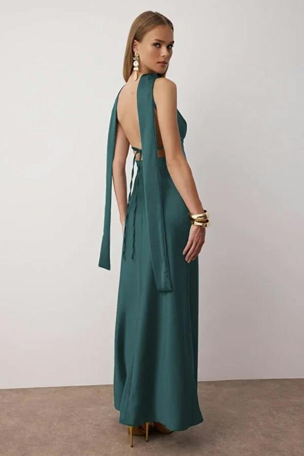 Hoxton Gal Maxi Satin Evening Dress with Shawl Detail