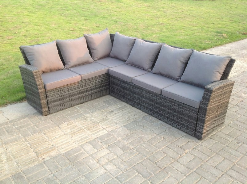 Fimous 6 Seater High Back Rattan Garden Furniture Set Corner Sofa With Black Tempered Glass Dining Table