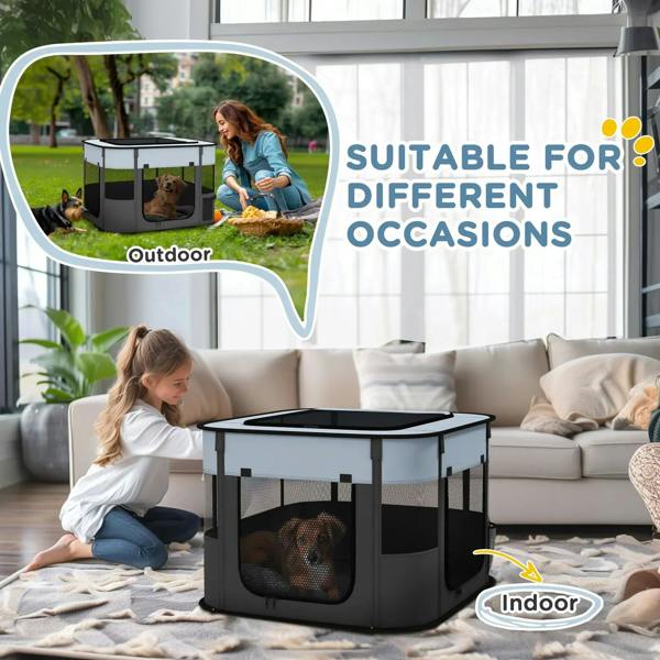 Portable indoor outdoor dog pen with mesh sides and top cover, grey and black, toddler nearby