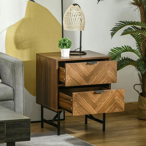 Walnut brown bedside table with two drawers, black handles, and a flat top surface