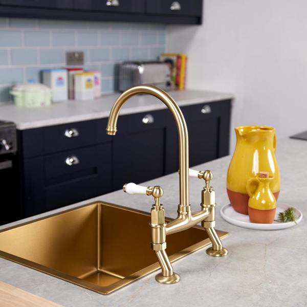 Flode Larvik | Kitchen Dual Lever Bridge Mixer Tap | Brushed Brass Finish