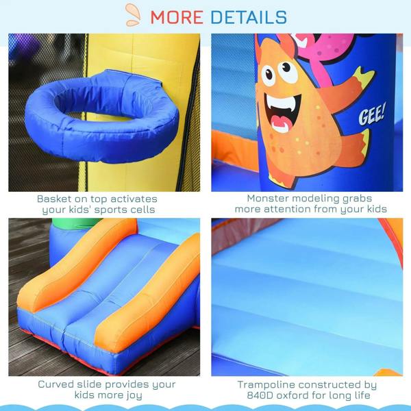 Inflatable bounce castle close-up details: blue basket ring, monster graphics, orange slide