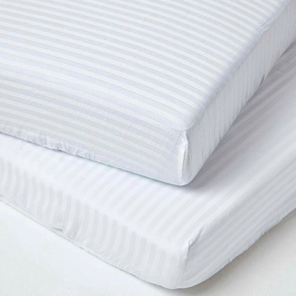 HOMESCAPES Cotton Stripe Fitted Cot Sheets 330 Thread Count, 2 Pack
