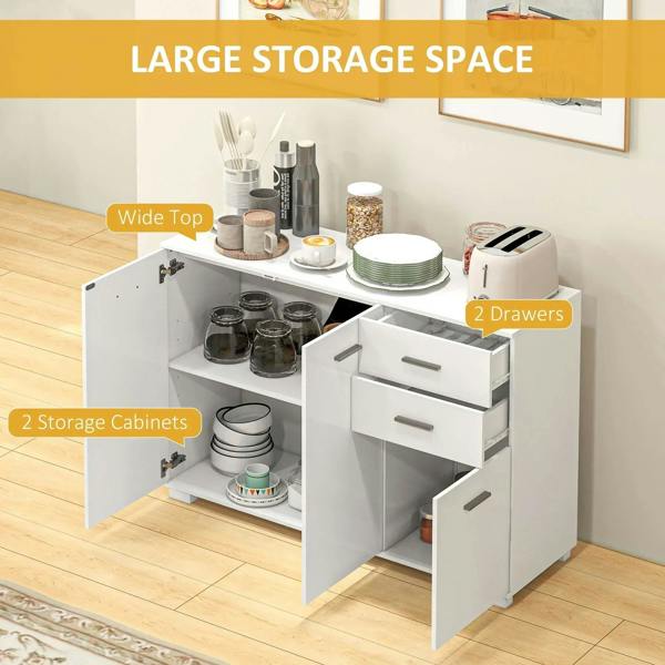 High-gloss white sideboard cabinet with wide top and open storage with 2 drawers