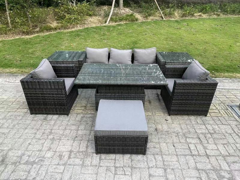 Fimous 6 Seater Rattan Garden Furniture Patio Set, Adjustable Height Dining Table, 2 Armchairs, 2 Side Tables, Big Footstool, Dark Grey Mixed