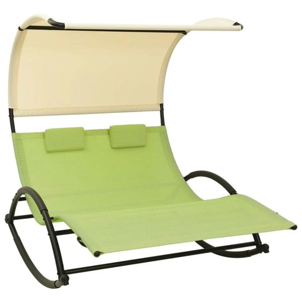 Berkfield Double Sun Lounger with Canopy Textilene Green and Cream