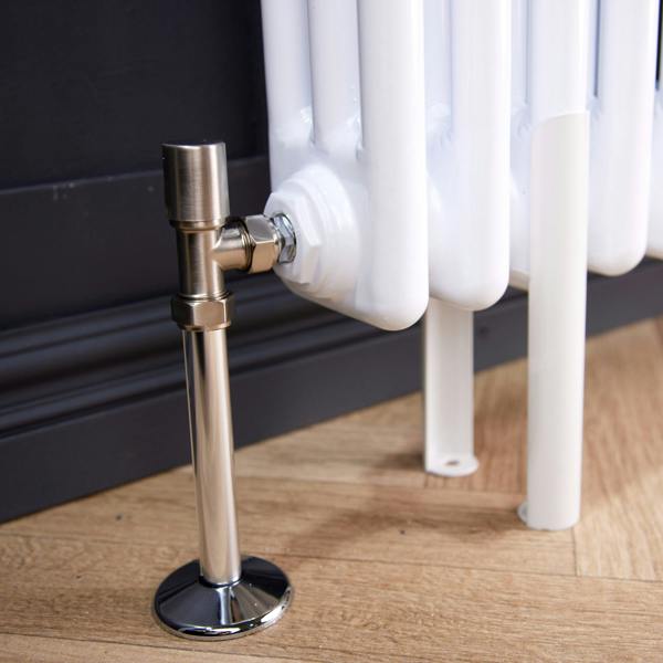 Flode Angled Round Thermostatic Radiator Valve Pack | 15mm x 1/2" | Brushed Steel