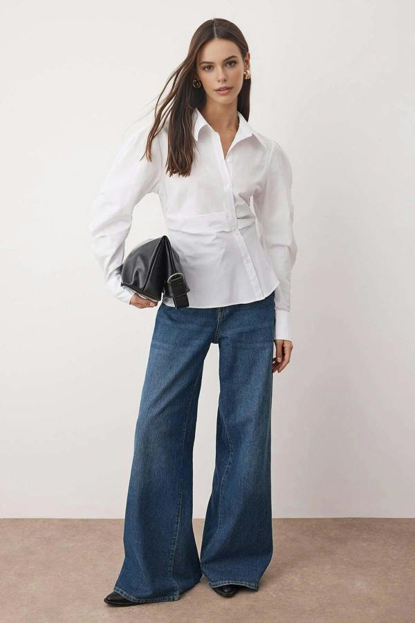 WOVCOR Asymmetrical Shirt with Balloon Sleeve Detail