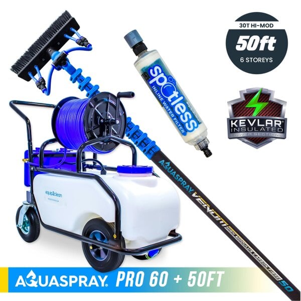 Equip2clean Aquaspray® Venom 50ft 30T High-Mod KEVLAR INSULATED Water-Fed Pole & Spray Tank Pack - Aquaspray Pro 60L Tank - 50ft 30T
