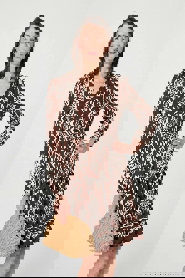 Brown | Printed Tiered V-Neck Knee Length Dress